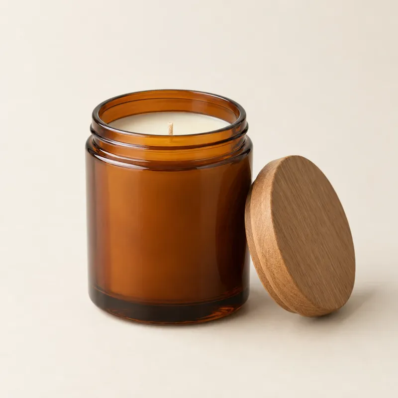 A soy candle in an amber jar
