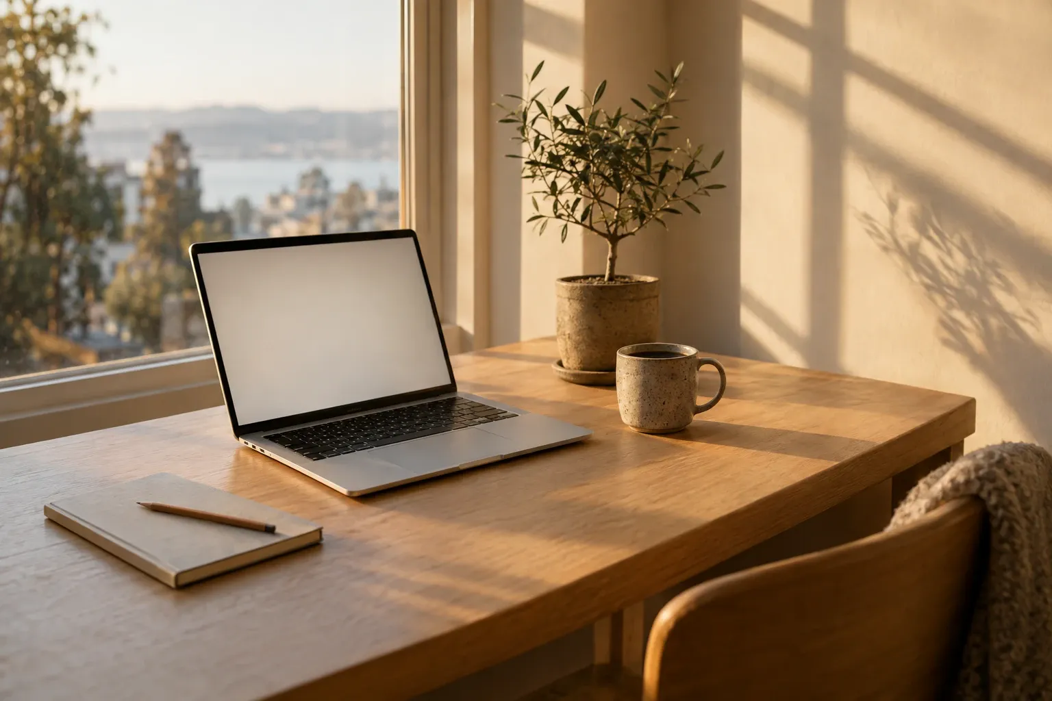 A home desk by a window in early sunlight, with an open laptop, a notebook and a mug of coffee