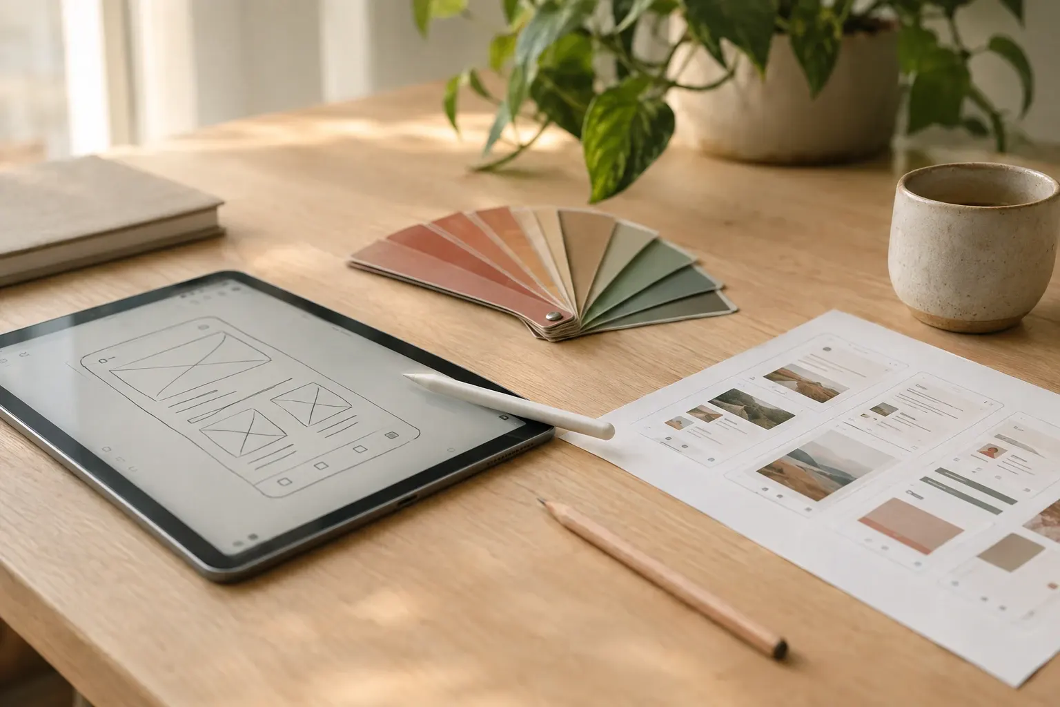 A designer's desk with a tablet wireframe and colour swatches