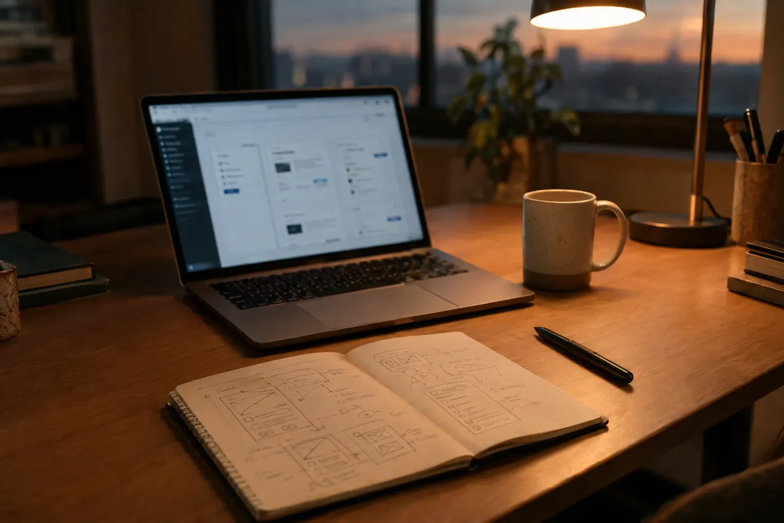A founder's desk with a laptop and wireframe sketches