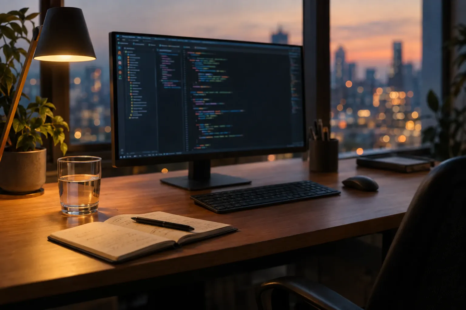 A developer's desk at dusk with a code editor on screen