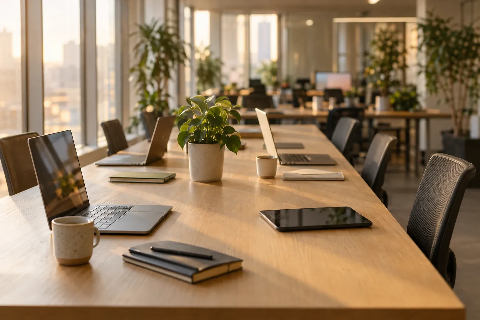 A long shared table in an open-plan office in early sunlight, laptops, notebooks and coffee cups waiting at every seat