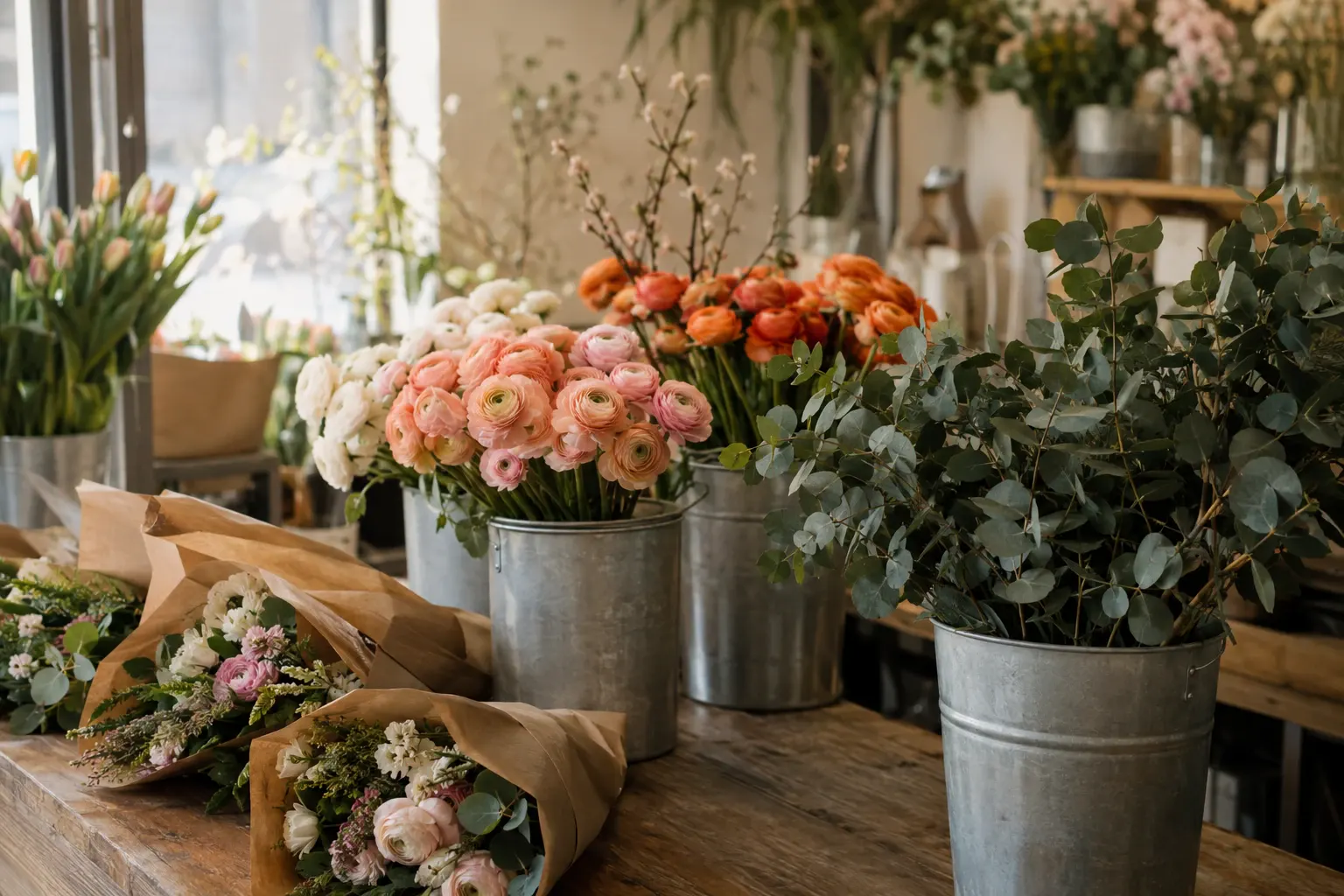 A florist's stall of spring flowers