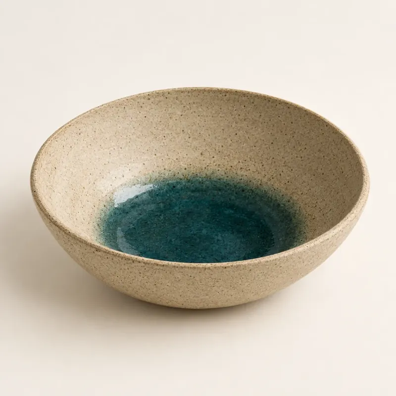 A stoneware bowl with teal glaze