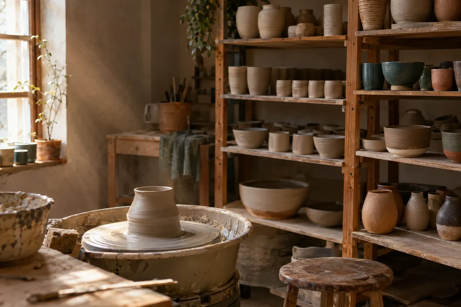 A ceramics studio in afternoon light