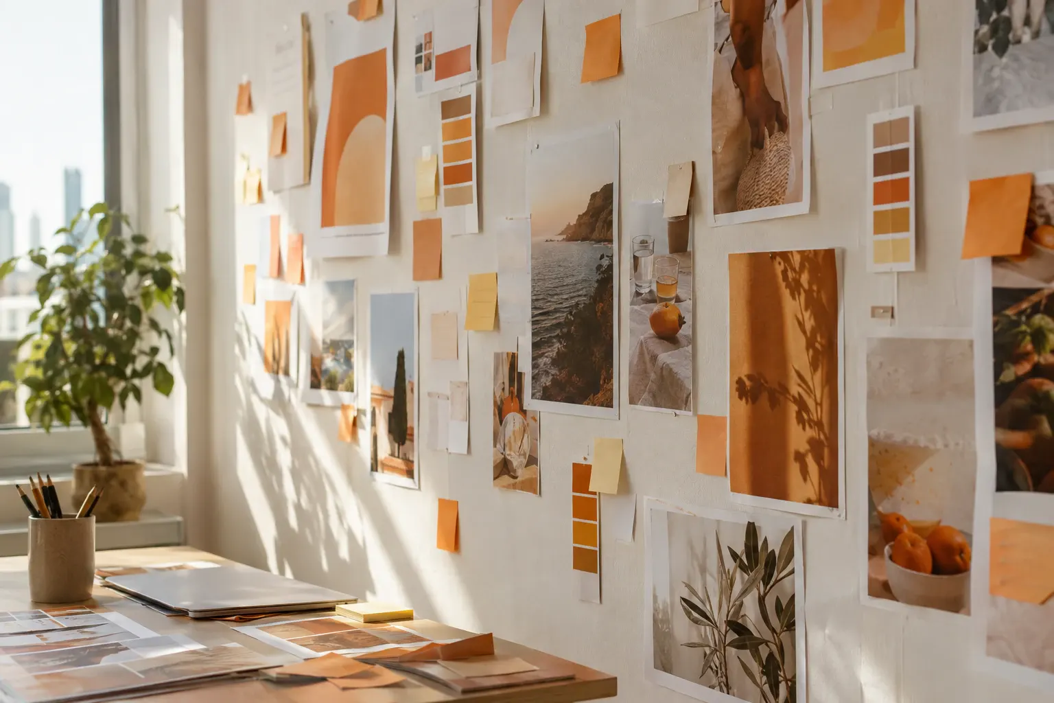A campaign moodboard pinned to a studio wall