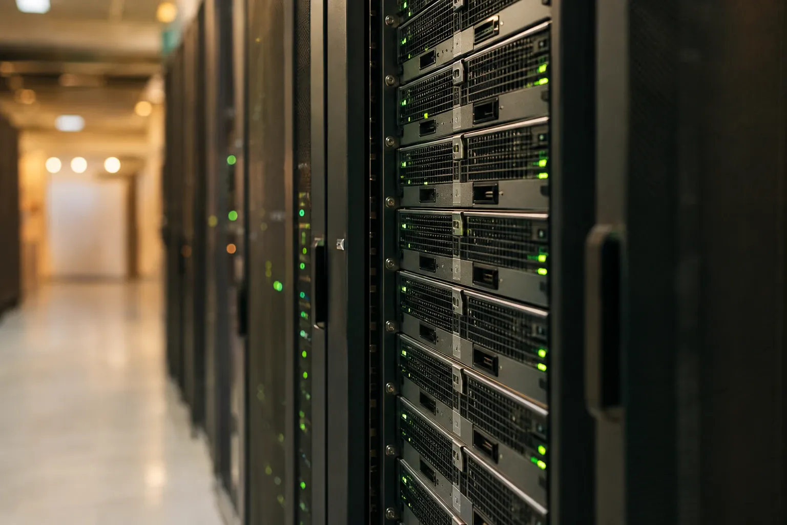A rack of servers with green status lights in a quiet data centre
