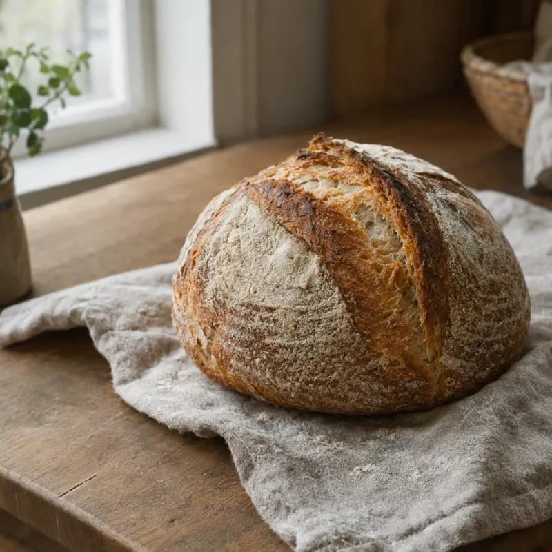 A sourdough loaf on linen