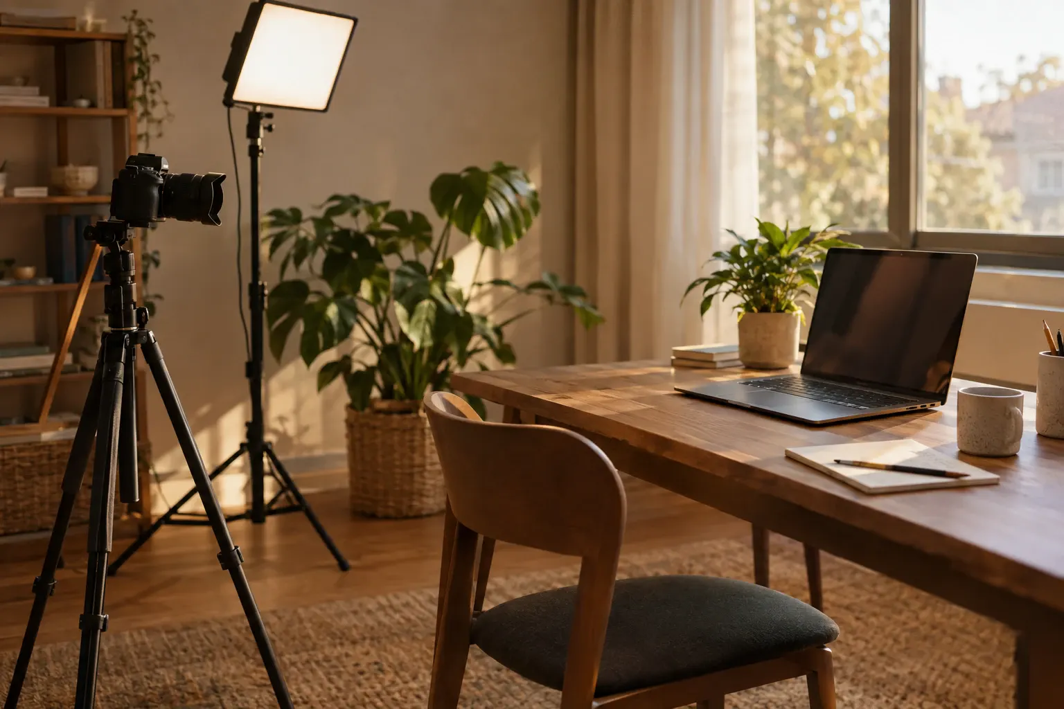 A creator's studio with a camera, lights and a laptop