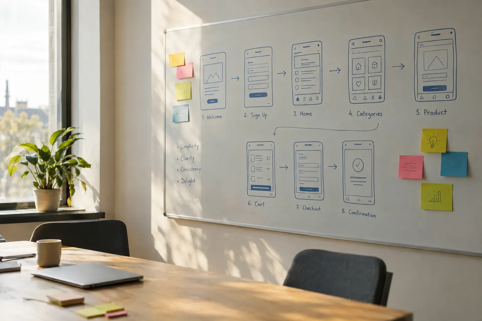 A product team's whiteboard covered in user flows