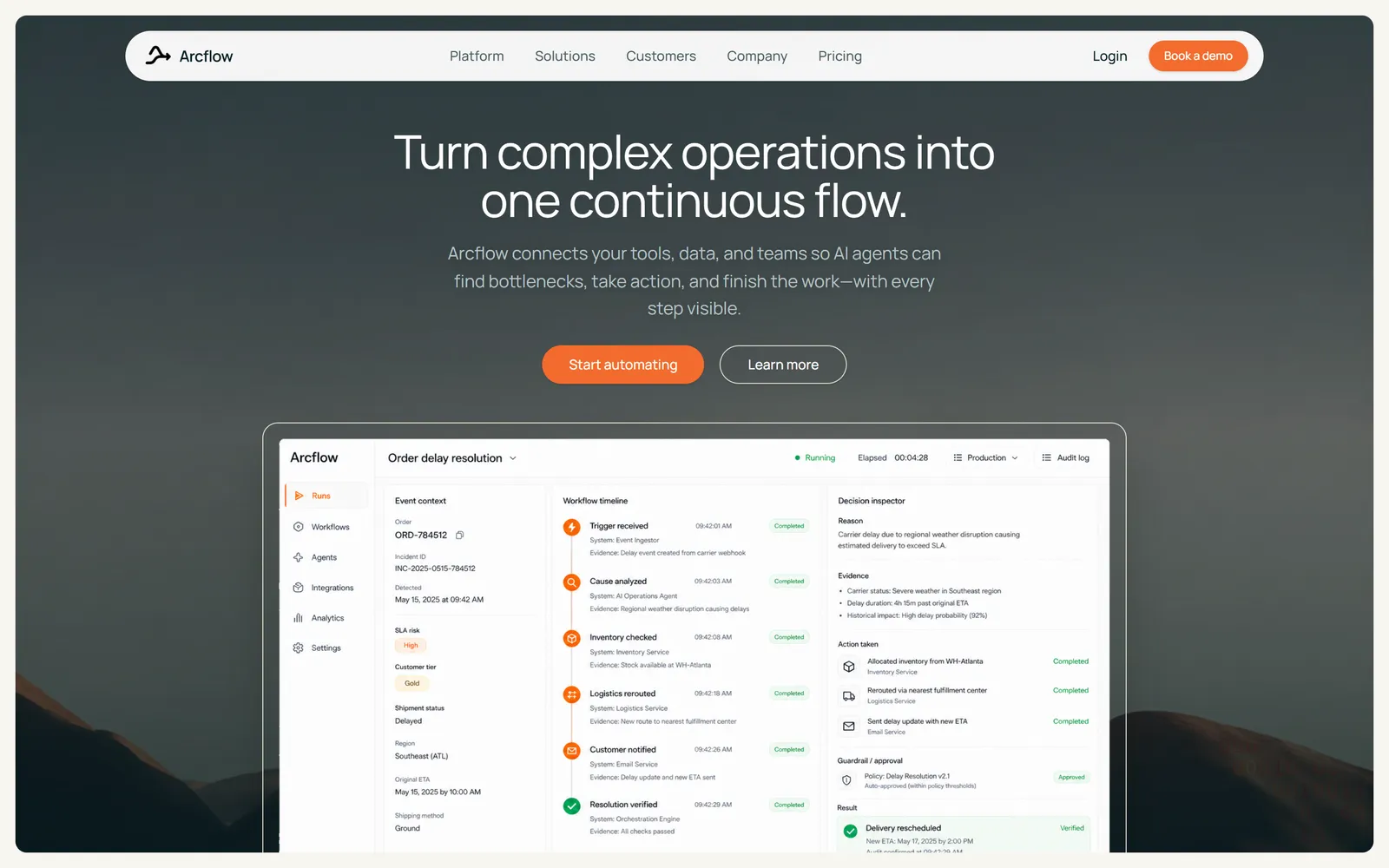 Arcflow, a product site with live app ui template built with Swarmz