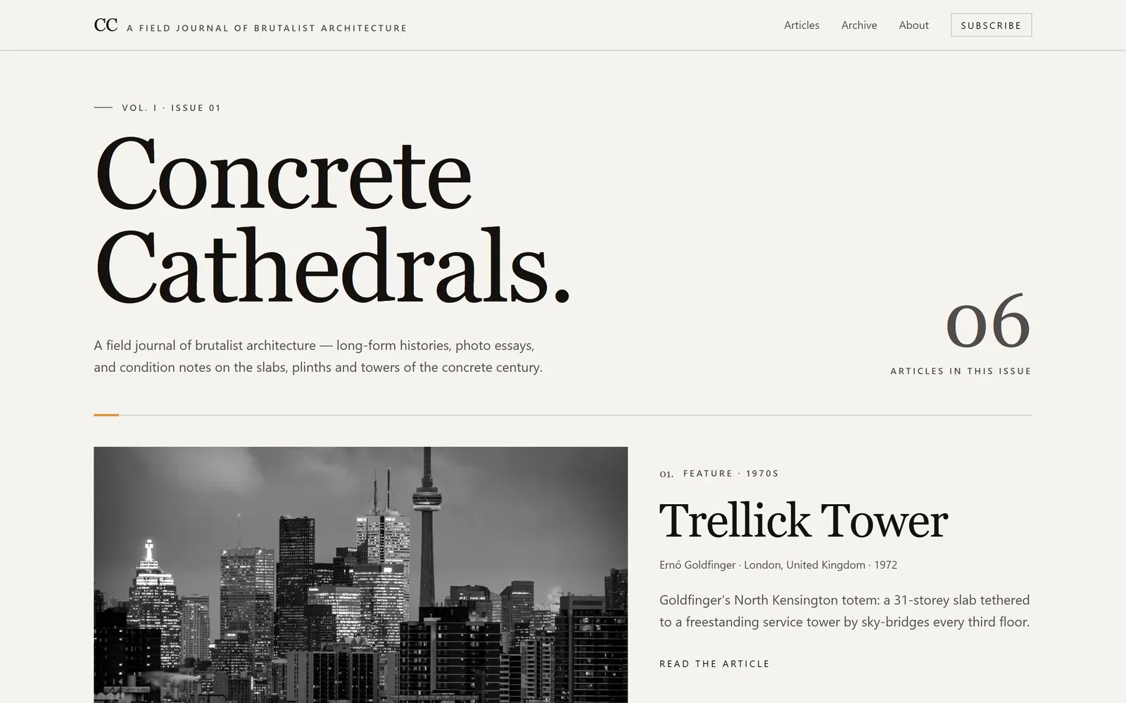 Concrete Cathedrals, a architecture journal template built with Swarmz