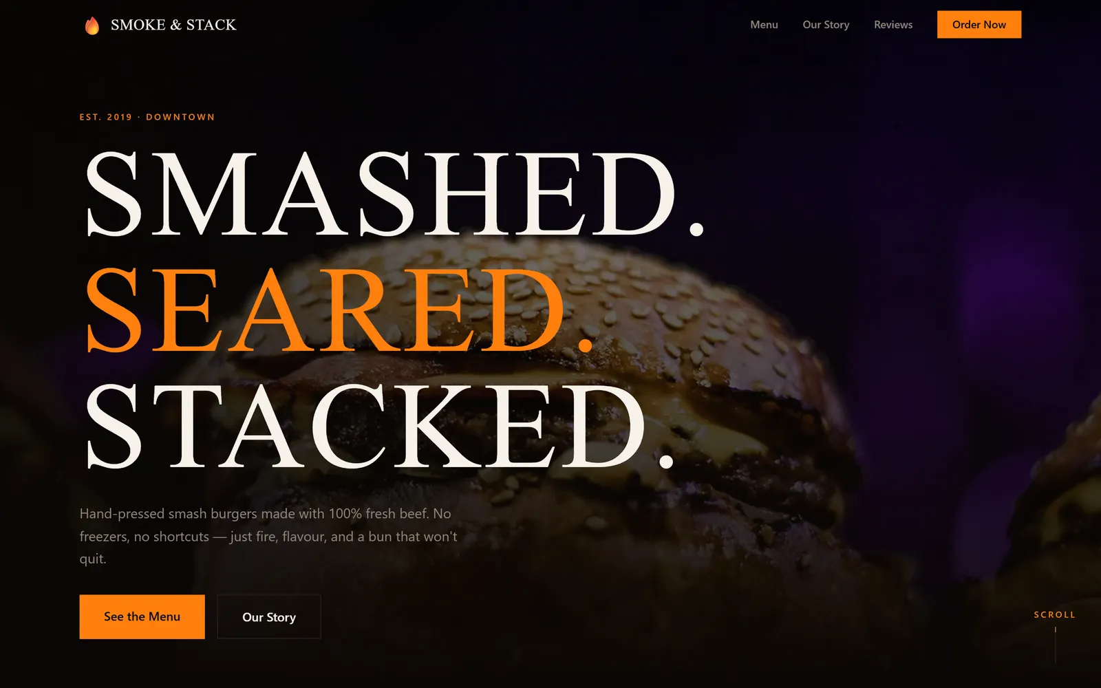 Smoke & Stack, a burger restaurant template built with Swarmz