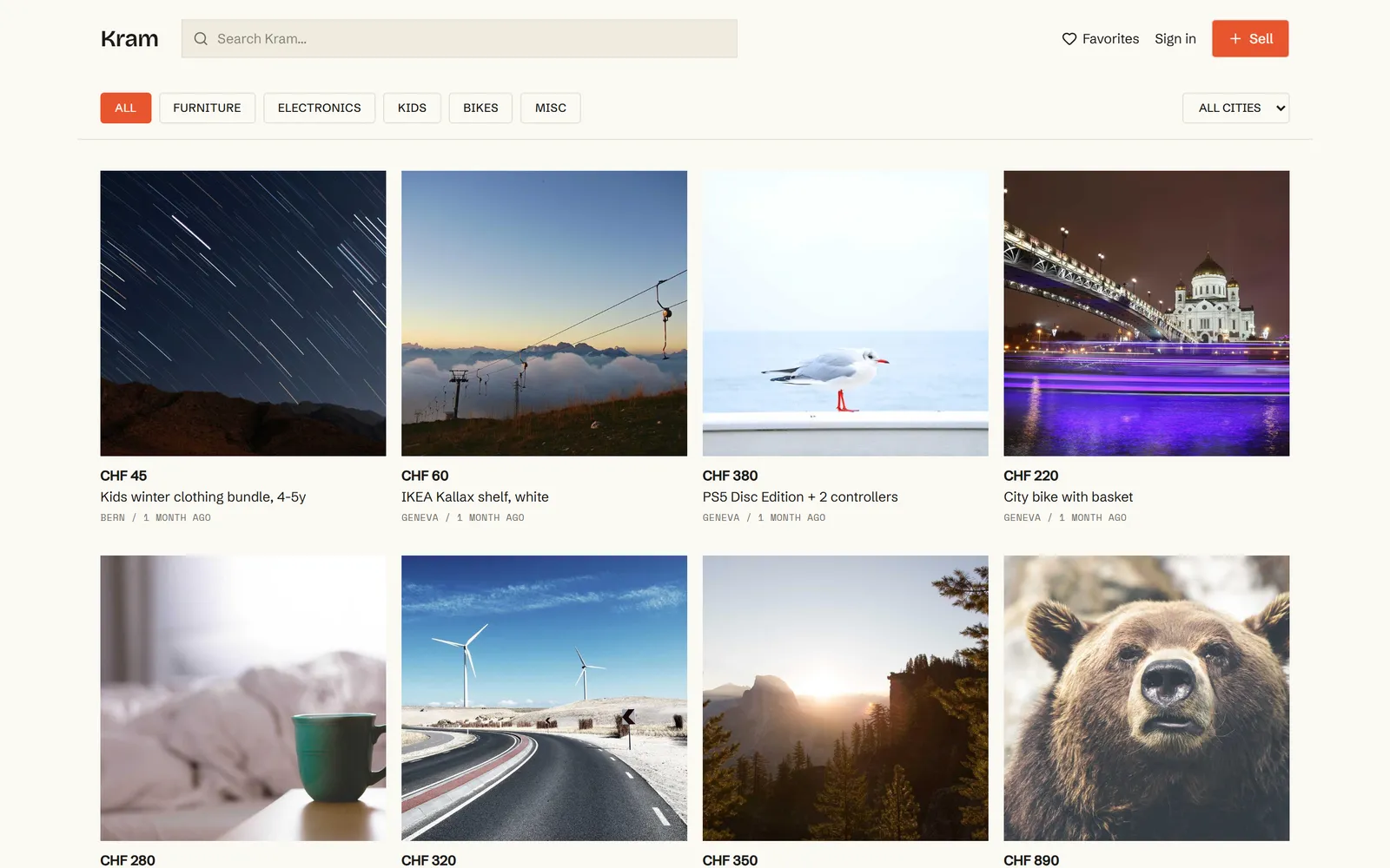 Kram, a second-hand marketplace template built with Swarmz