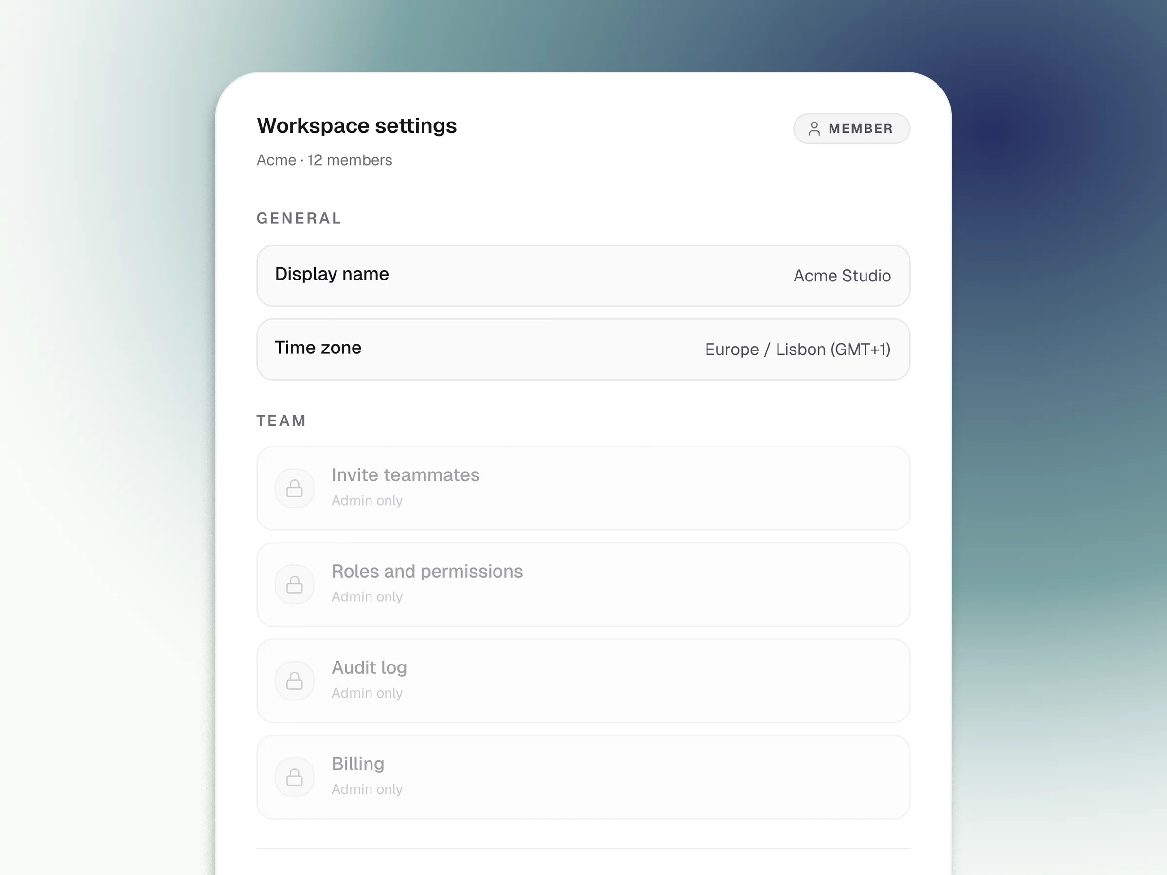 A settings page showing role-based permissions