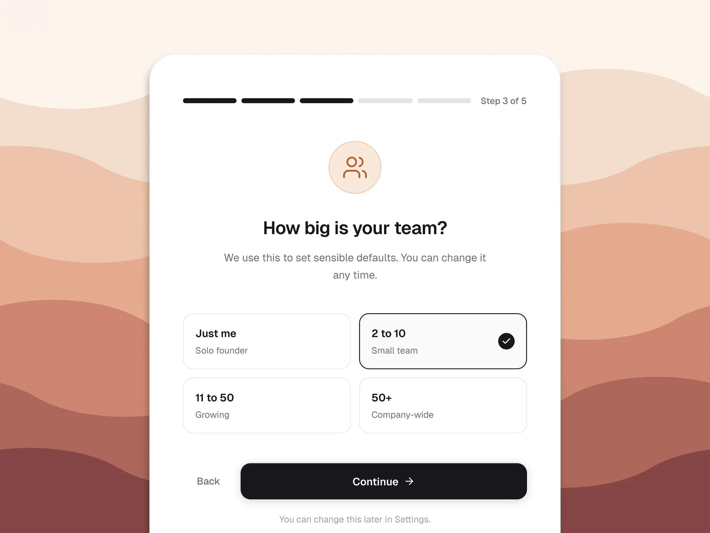 An onboarding step with a progress bar and Continue button