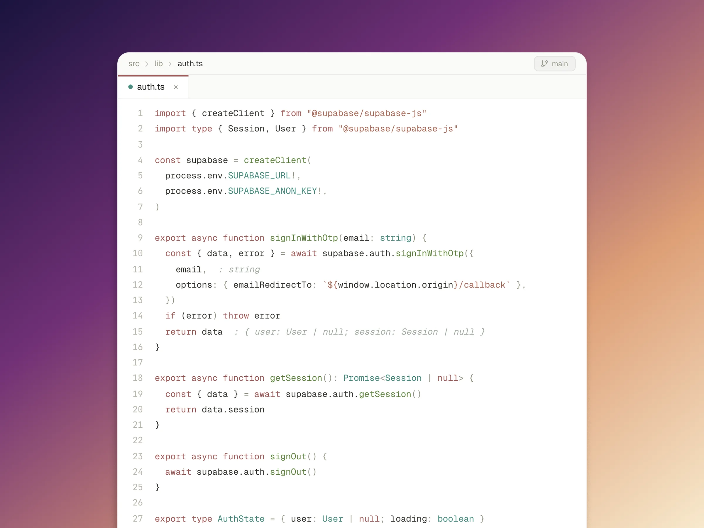 A code editor showing working auth boilerplate
