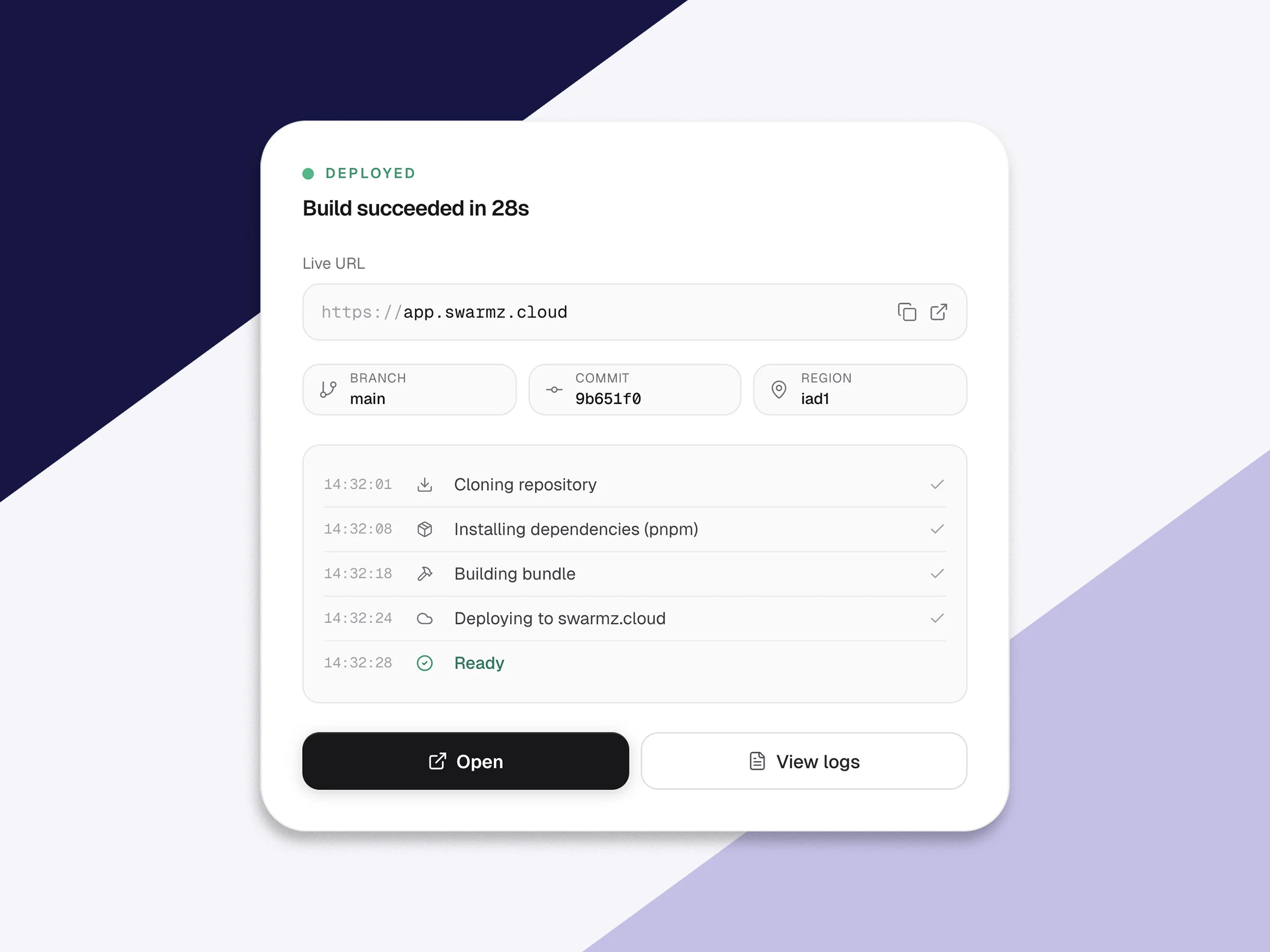A live prototype running at a swarmz.cloud subdomain