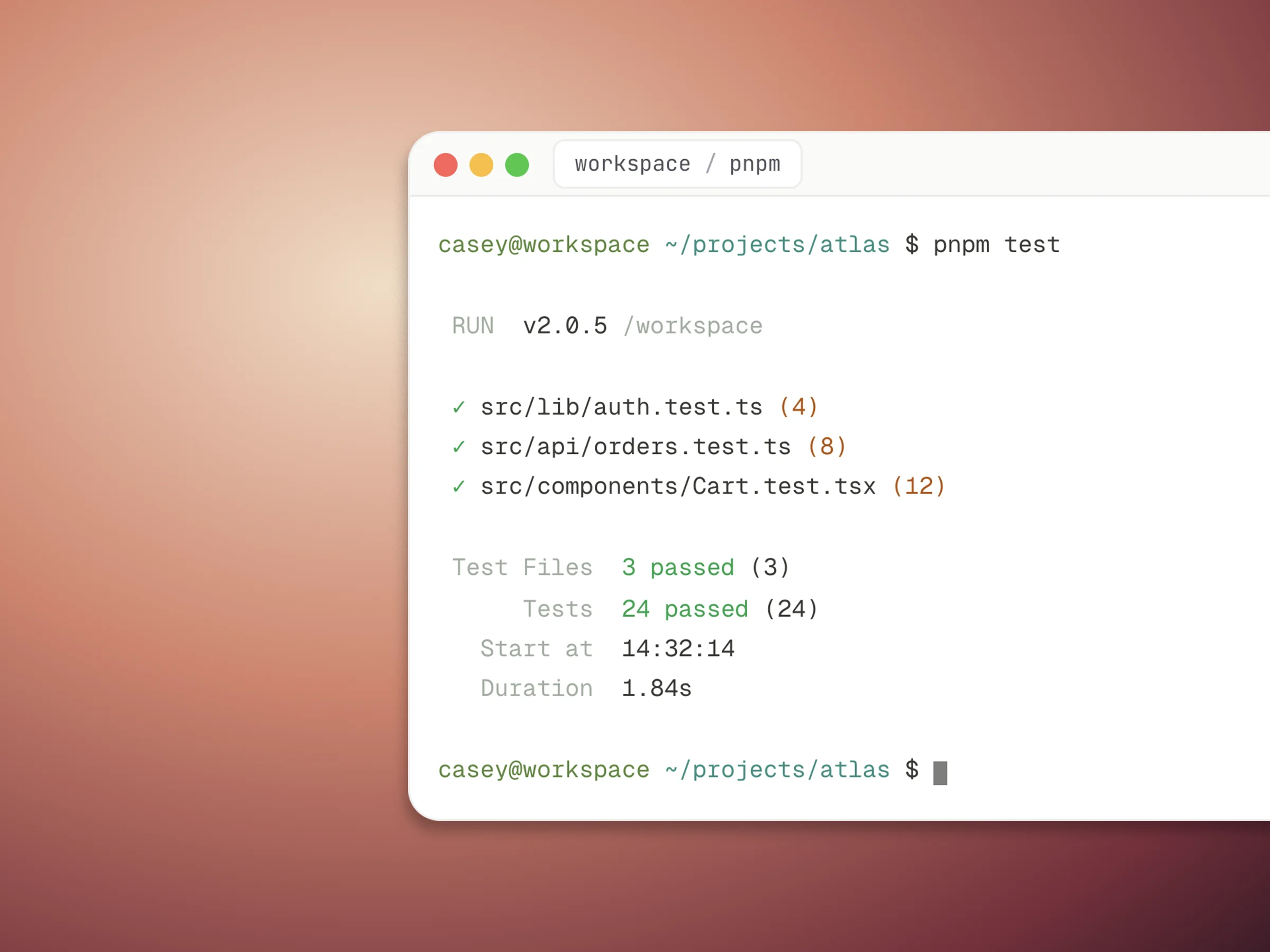 A workspace terminal running tests in the browser