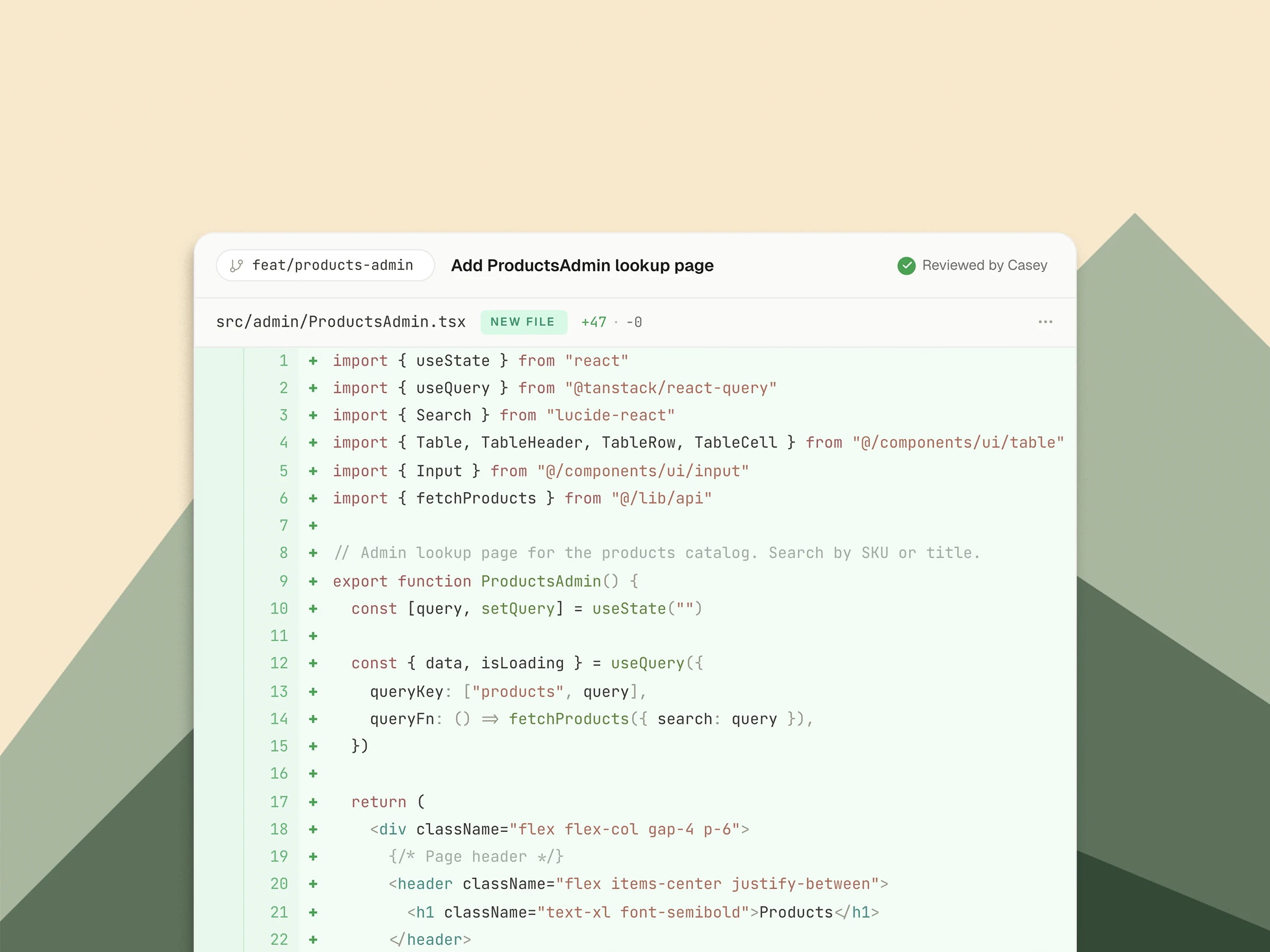A Git diff for a newly generated component
