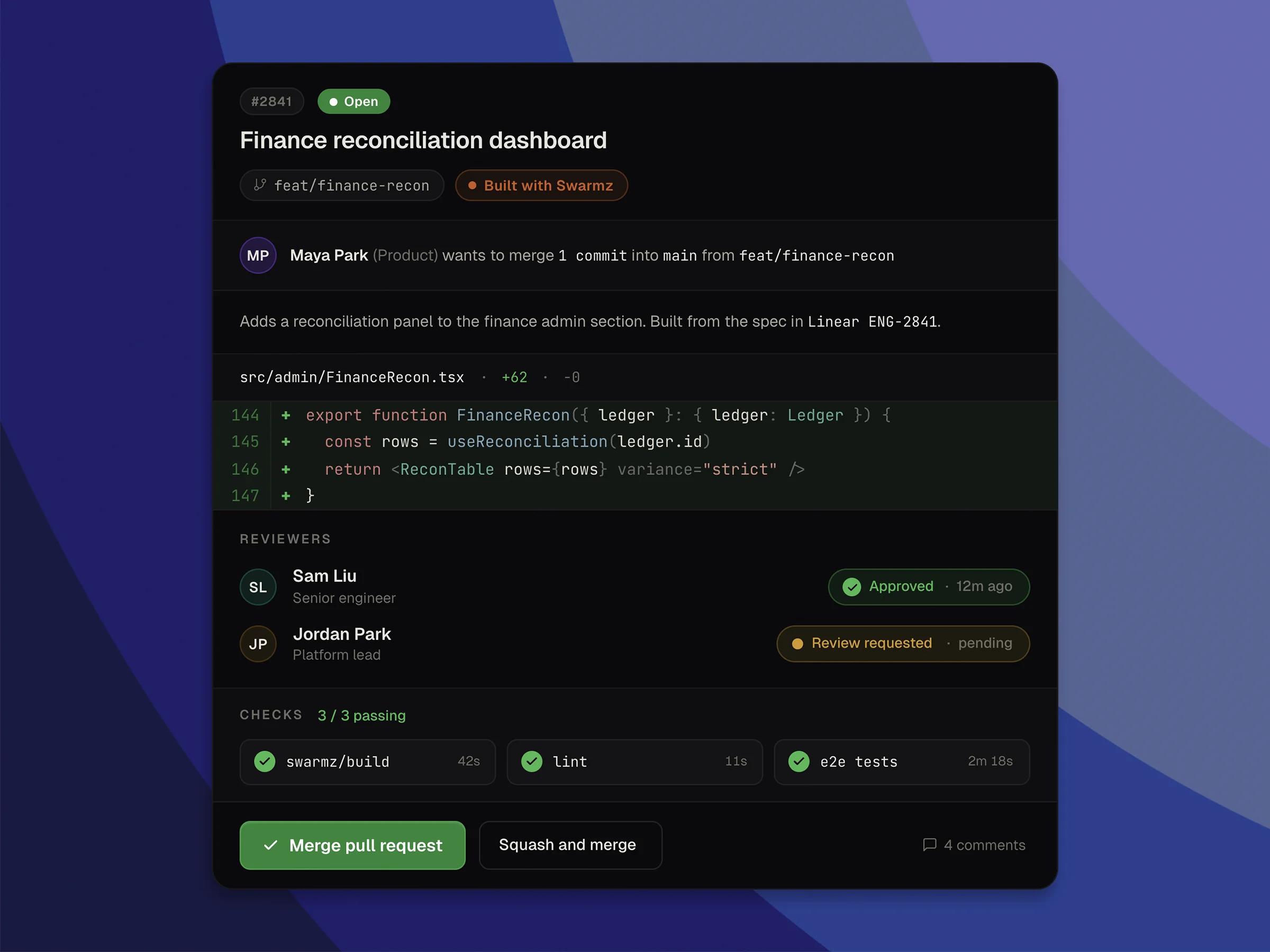 A GitHub PR review where engineers approve a Swarmz-authored change