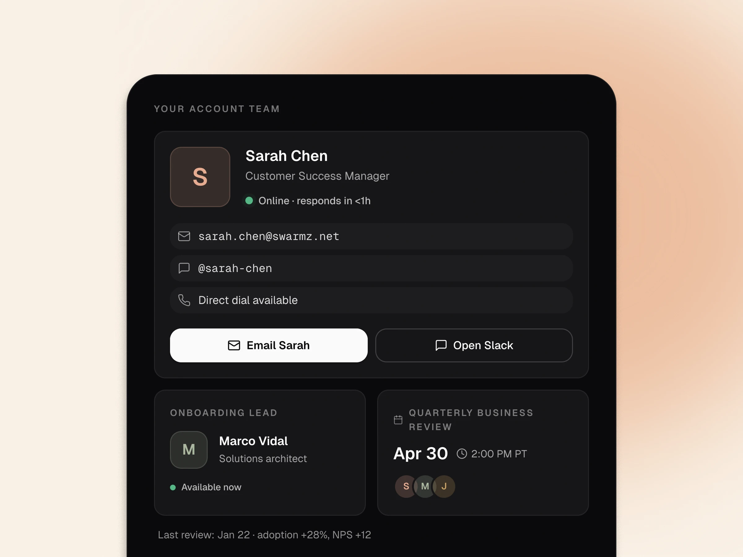 A customer success manager contact card with a calendar entry