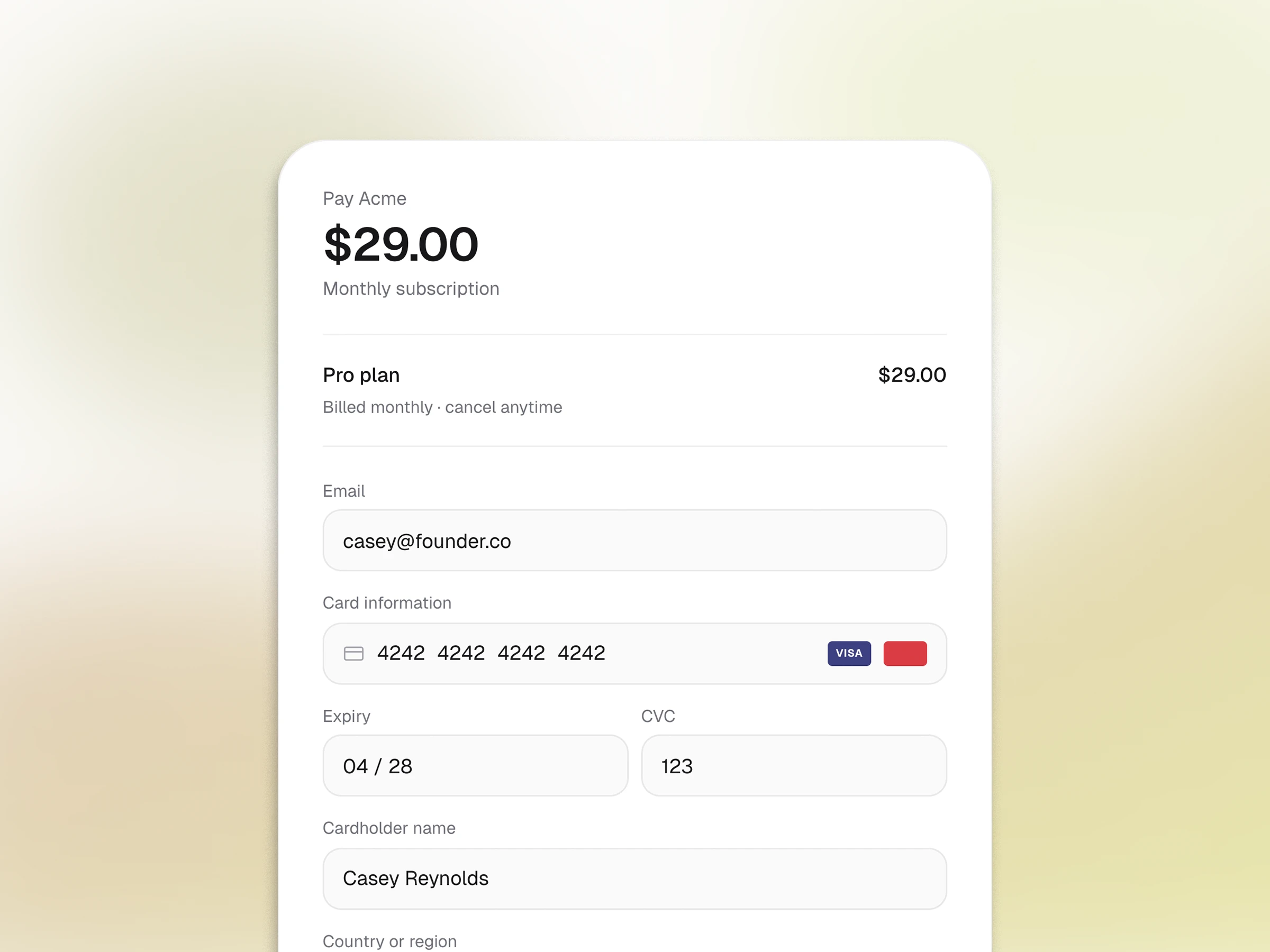 A Stripe-style checkout panel showing a $29 Pro plan, billed monthly, with email and card information fields filled in