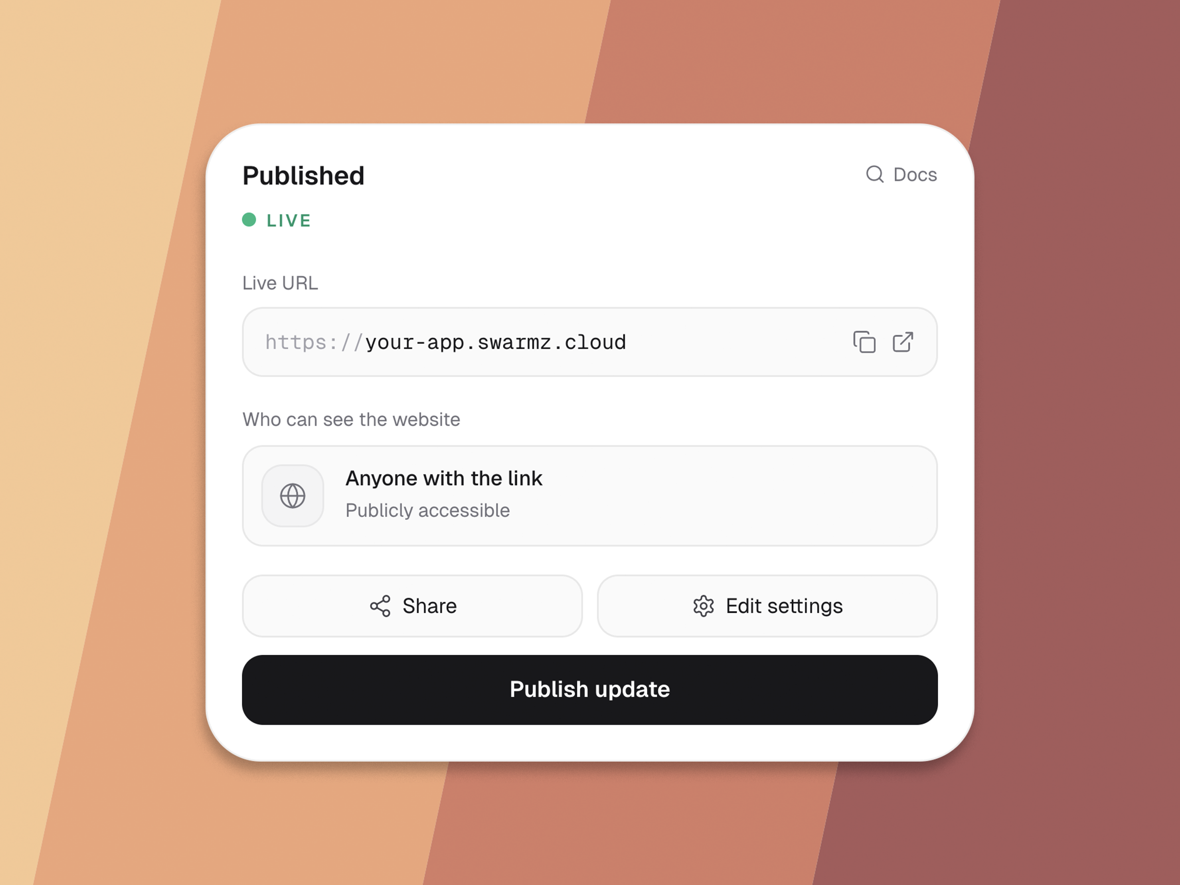 The Swarmz publish panel showing a project live at your-app.swarmz.cloud, ready to share