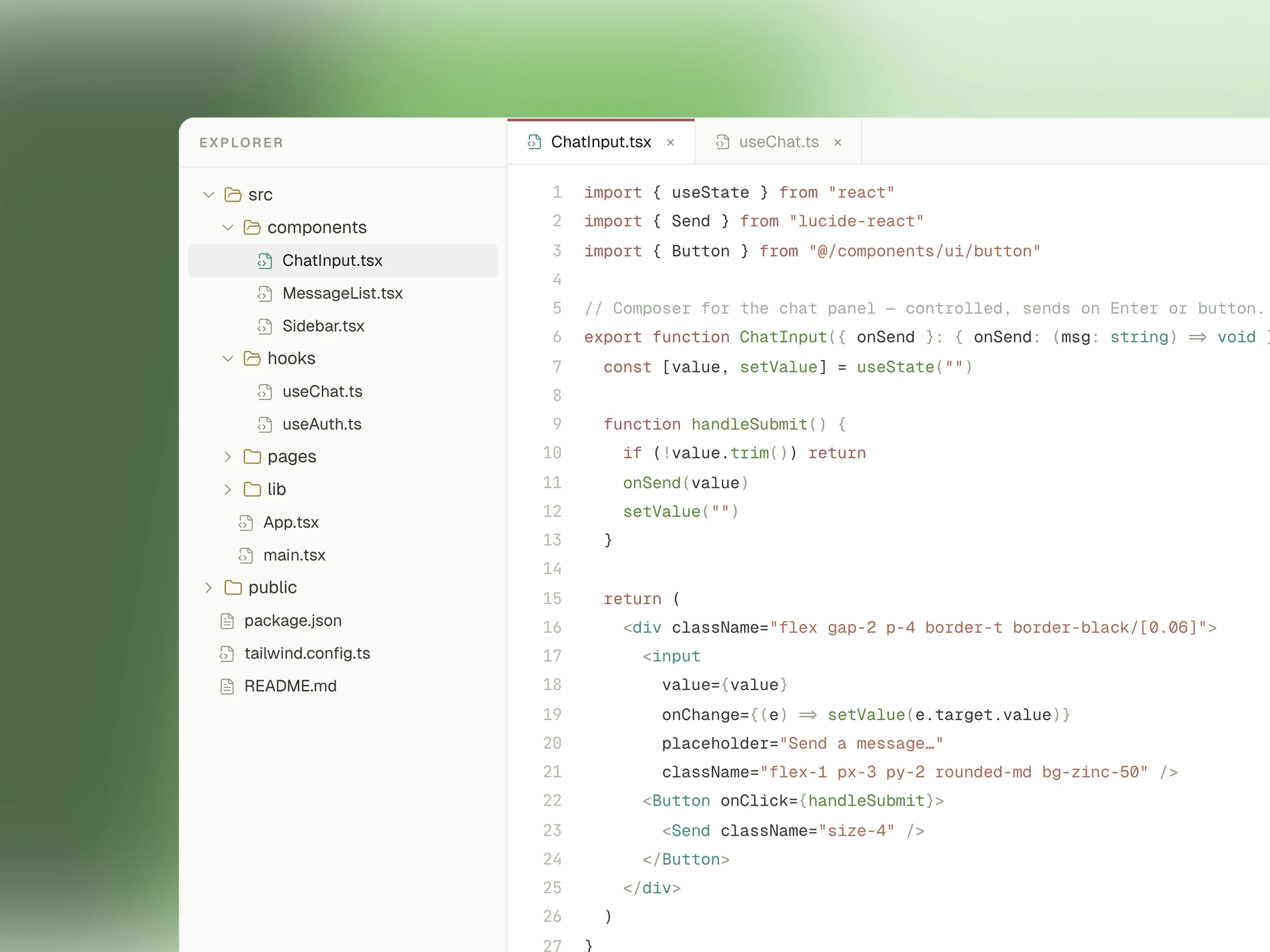 The Swarmz editor showing the project file tree on the left and a ChatInput.tsx React component open in the code viewer